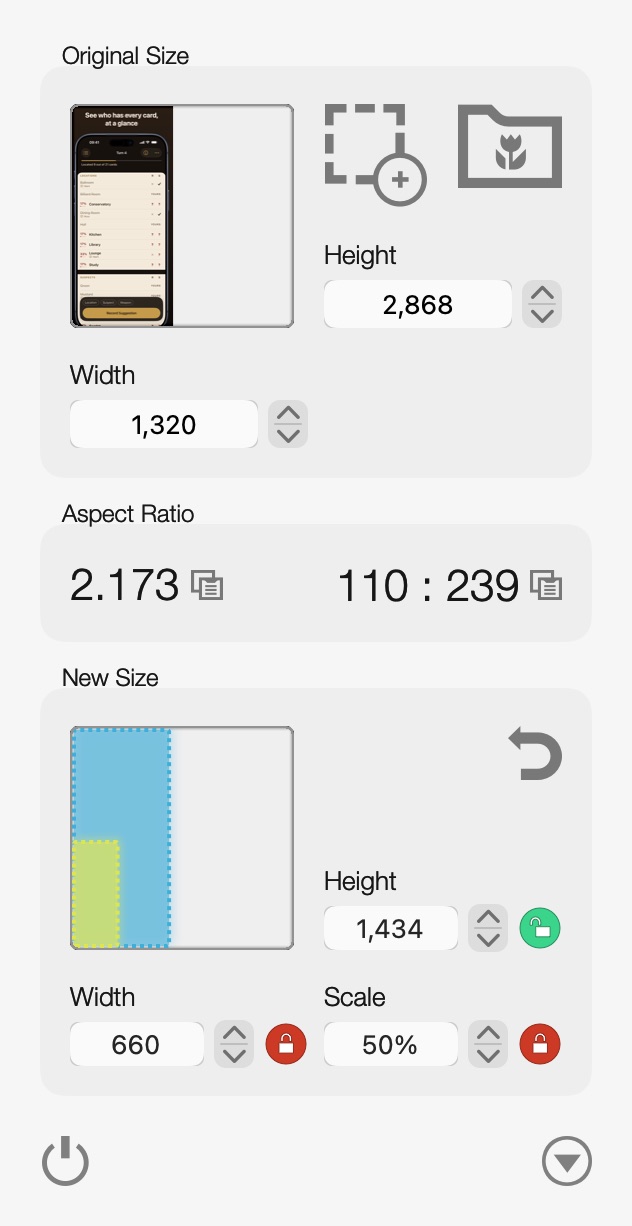Aspect Ratio Calculator with a 1,320 by 2,868 iPhone screenshot, a 110 to 239 ratio, and a new height of 1,434 giving a width of 660 at 50 percent