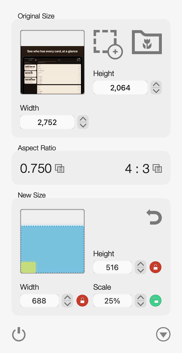 Aspect Ratio Calculator with a 2,752 by 2,064 iPad screenshot, a 4 to 3 ratio, scaled to 25 percent at 688 by 516