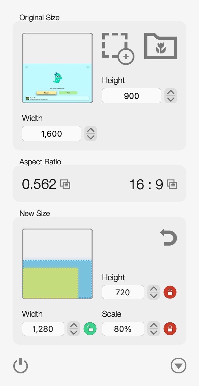 Aspect Ratio Calculator measuring a 1,600 by 900 picture with a 16 to 9 aspect ratio, and resizing it to 1,280 by 720 at 80 percent