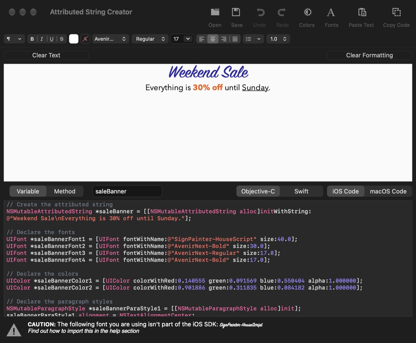 Attributed String Creator in dark mode showing Objective-C code for a banner in a script font, with a warning that the font isn't part of iOS