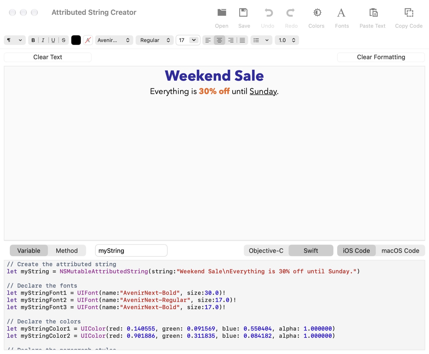 Attributed String Creator with a styled sale banner in the editor and the Swift code for it underneath