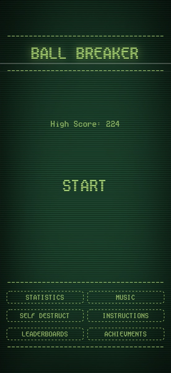 Das Hauptmenü: BALL BREAKER, der Highscore, START und Tasten für Statistiken, Musik, Anleitung, Bestenlisten und Erfolge