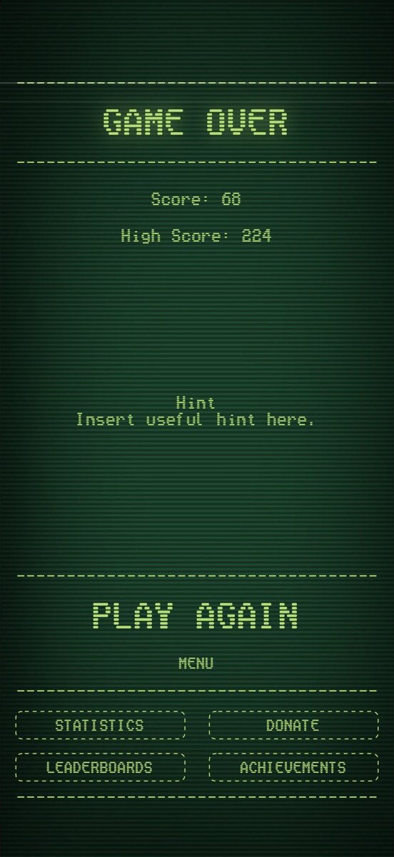GAME OVER mit Punktzahl, Highscore und dem Tipp: Hier nützlichen Tipp einfügen.