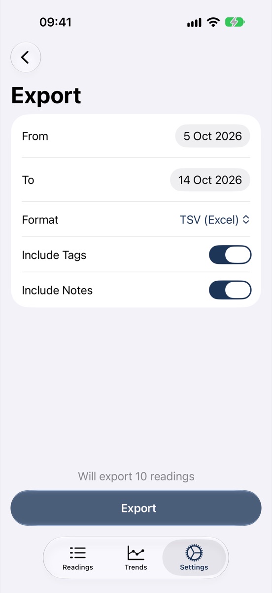 Export: choose the dates and format, and whether to include tags and notes