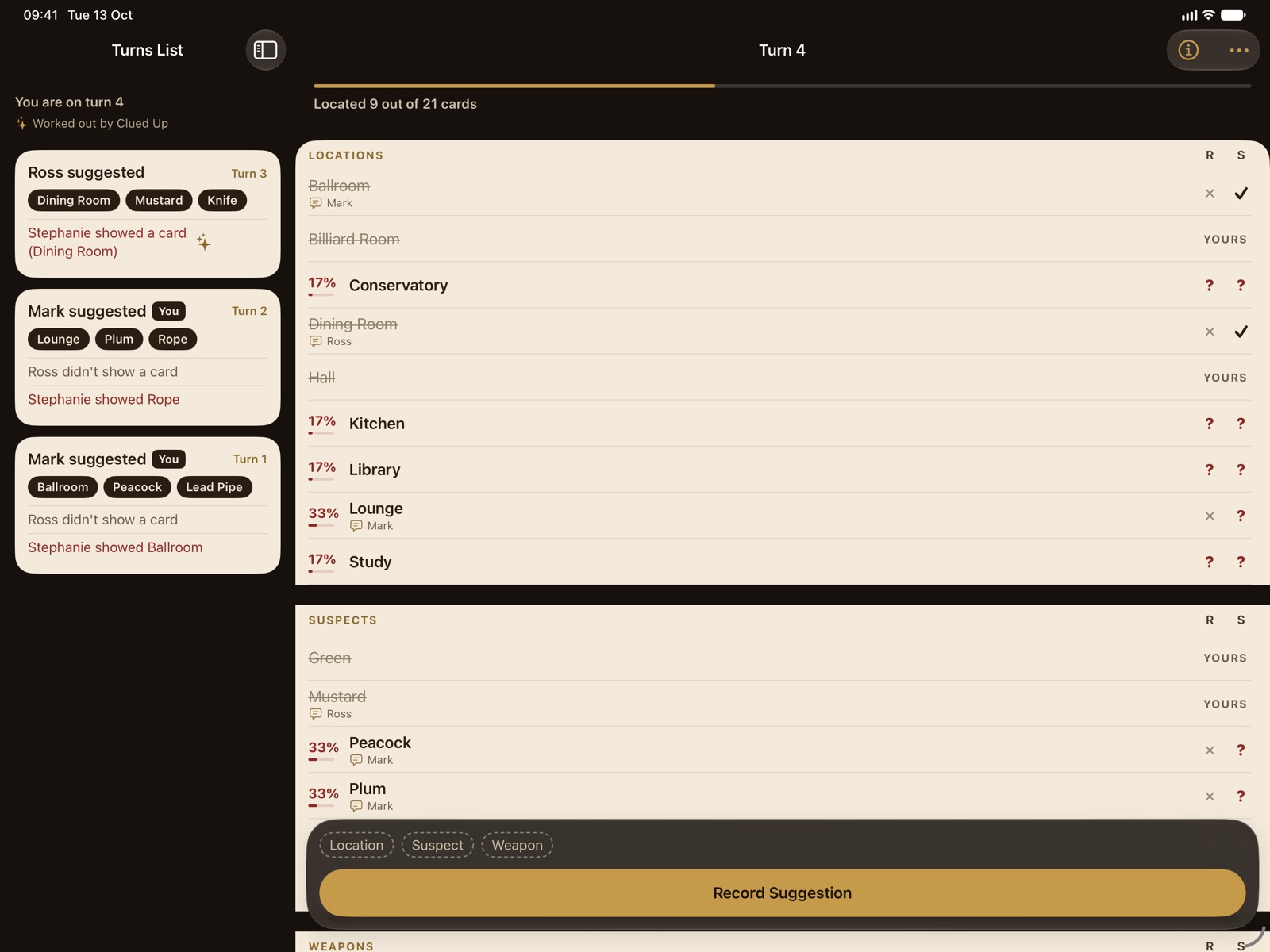 iPad 横屏上的 Clued Up，回合列表位于表格旁的边栏中