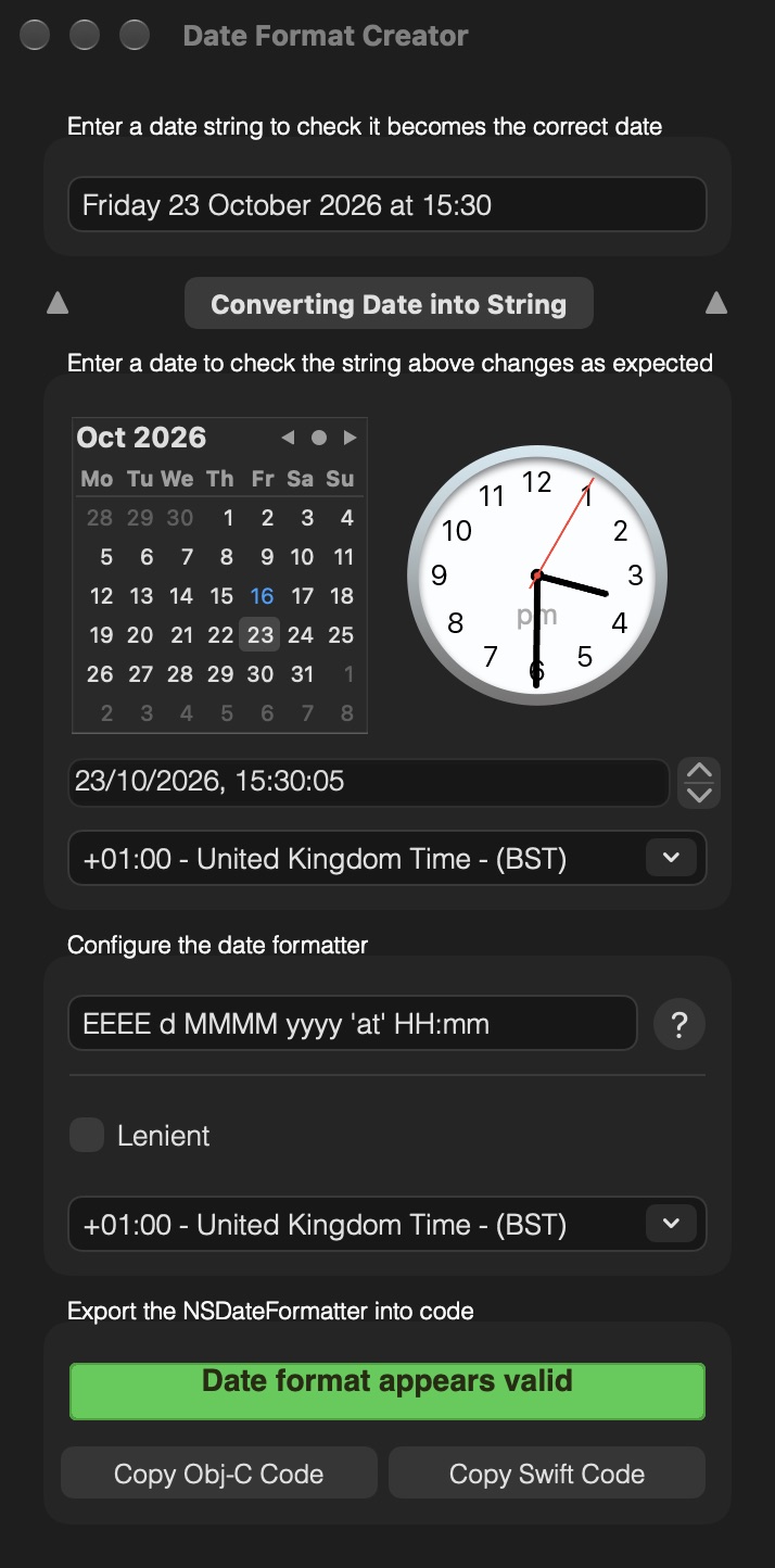 Date Format Creator in dark mode turning 23 October 2026 at 3:30 PM into Friday 23 October 2026 at 15:30