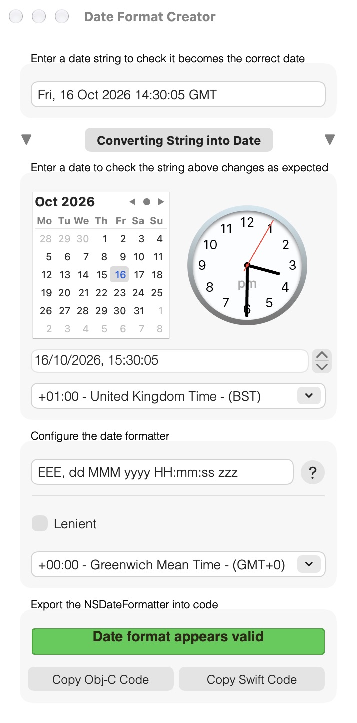 Date Format Creator in light mode reading the HTTP date Fri, 16 Oct 2026 14:30:05 GMT with the format EEE, dd MMM yyyy HH:mm:ss zzz, and showing it as 3:30 PM in London