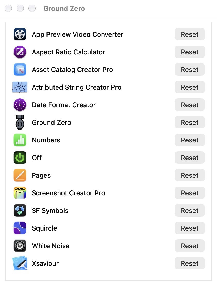 Ground Zero in light mode, listing the same apps, each with a Reset button