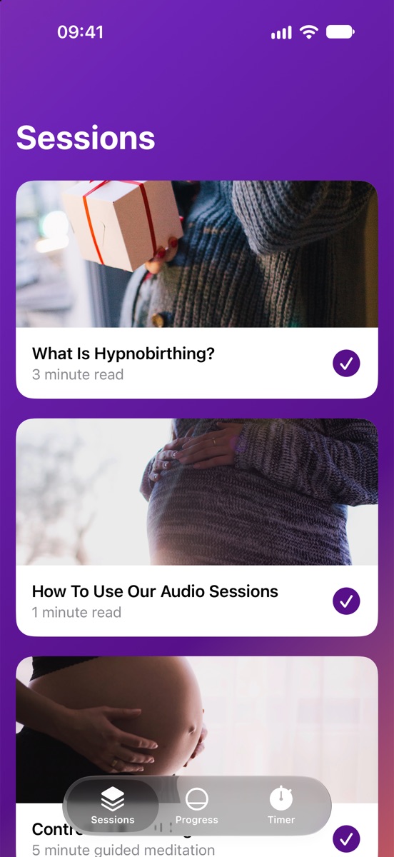 Sessions: the first lessons, What Is Hypnobirthing? and How To Use Our Audio Sessions, each ticked as finished