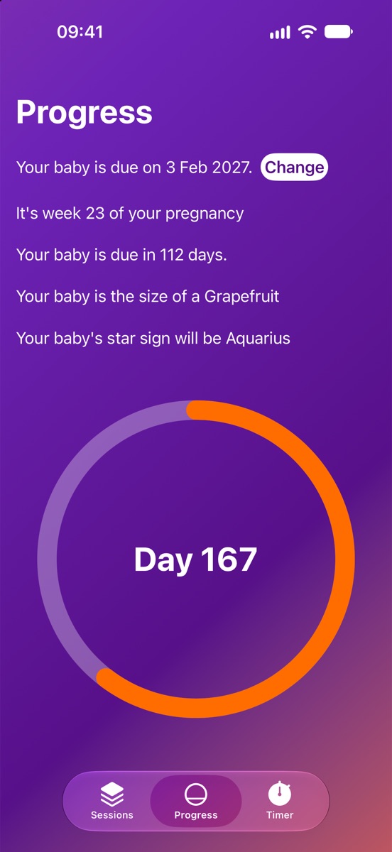 Progress: week 23 of the pregnancy, 112 days to go, a baby the size of a grapefruit, and a ring showing day 167