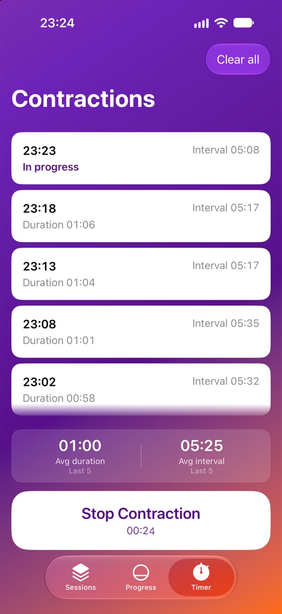 Contractions: a contraction in progress above five timed ones, with the average duration and interval