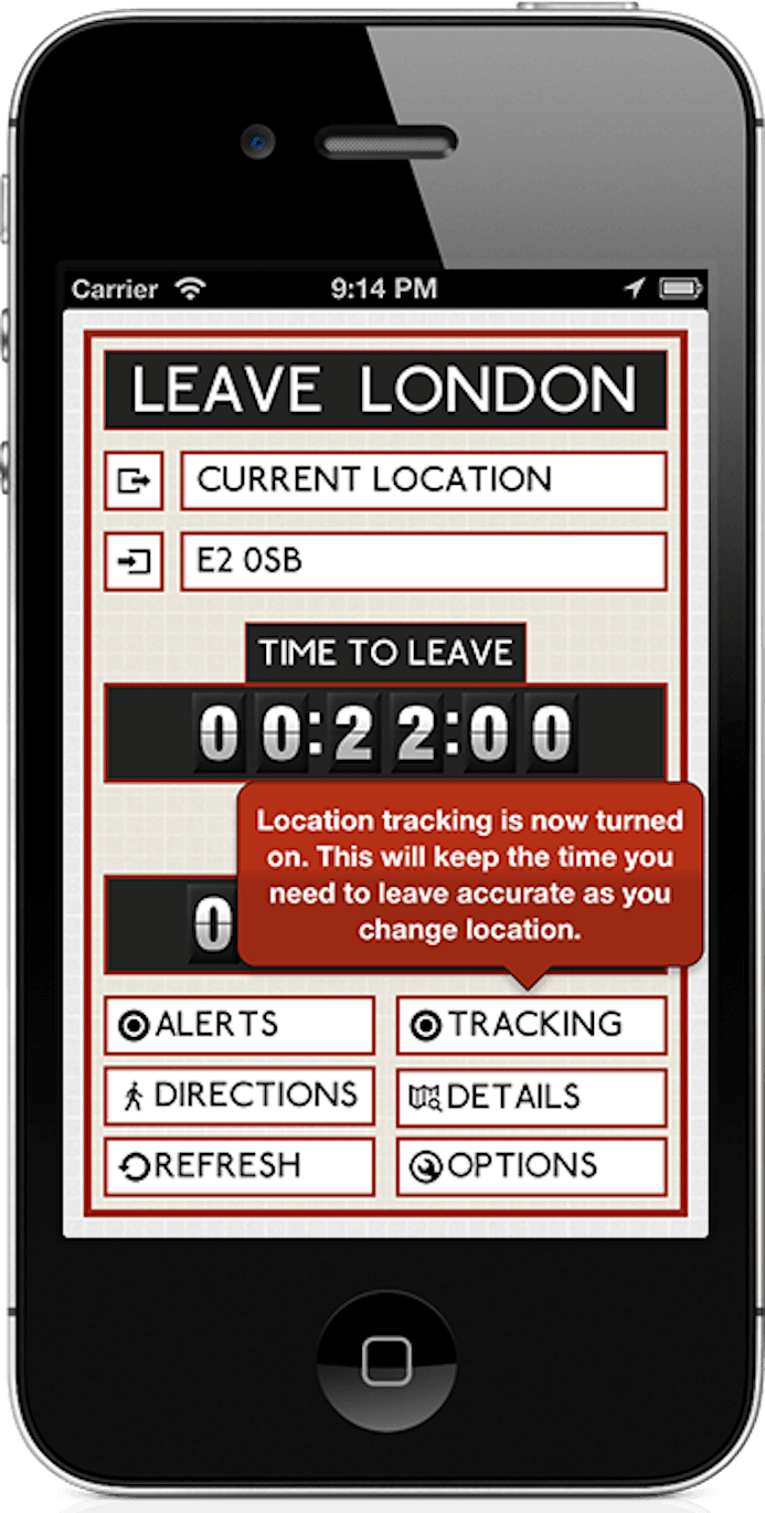 Leave London iOS app running on an iPhone, showing that it's tracking your location