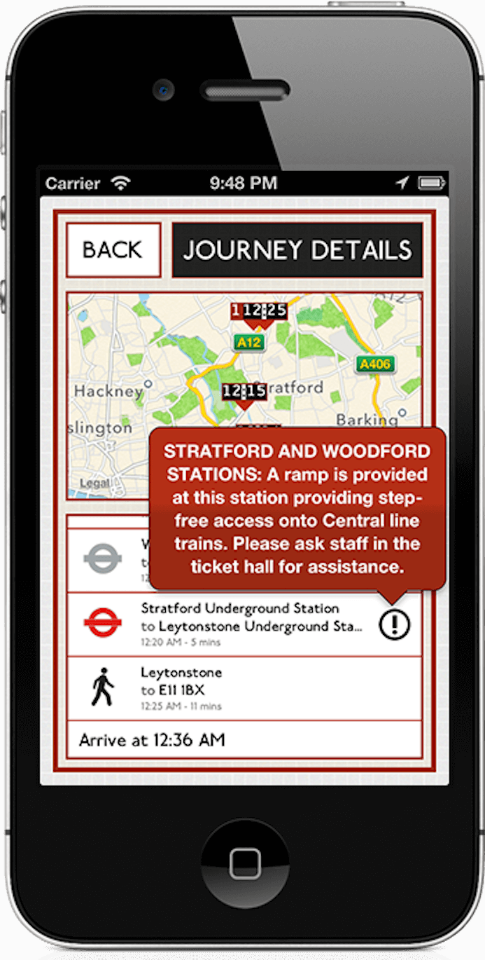 Leave London iOS app running on an iPhone, showing that it displays journey disruption