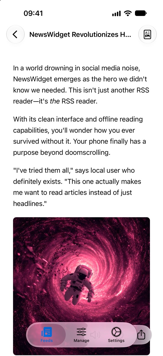 Ein Artikel im Reader, mit aufgeräumtem Text und einem großen Bild
