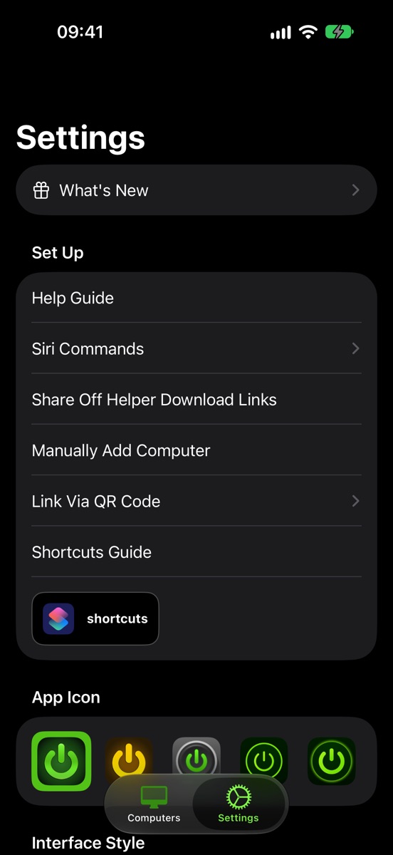 Settings: help, Siri commands, linking a computer with a QR code, and a choice of app icons