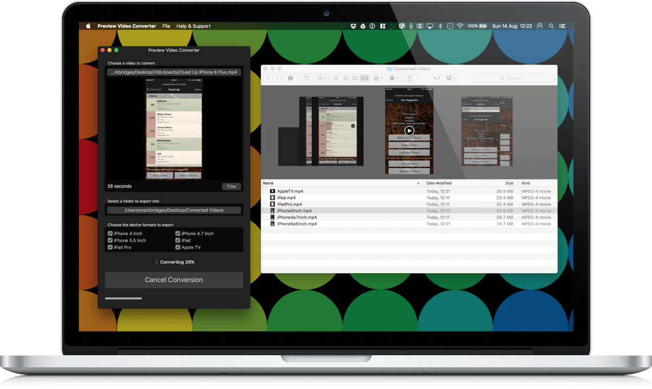 Preview Video Converter macOS app running on a MacBook Pro, displaying the videos it has converted