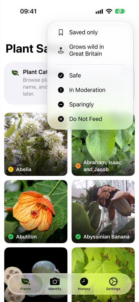 El menú de filtros de la lista de plantas, con Solo guardadas, Crece en estado silvestre en Gran Bretaña y las cuatro calificaciones