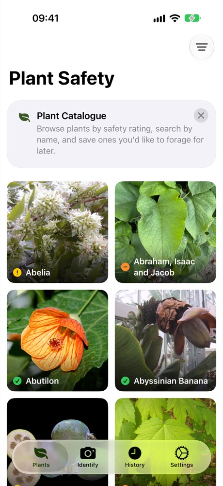 La lista de seguridad de plantas de TortoScope: fotos de plantas, cada una con su calificación de seguridad