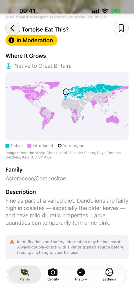 La ficha del diente de león en TortoScope, con la calificación Con moderación y un mapa mundial de dónde crece en estado silvestre