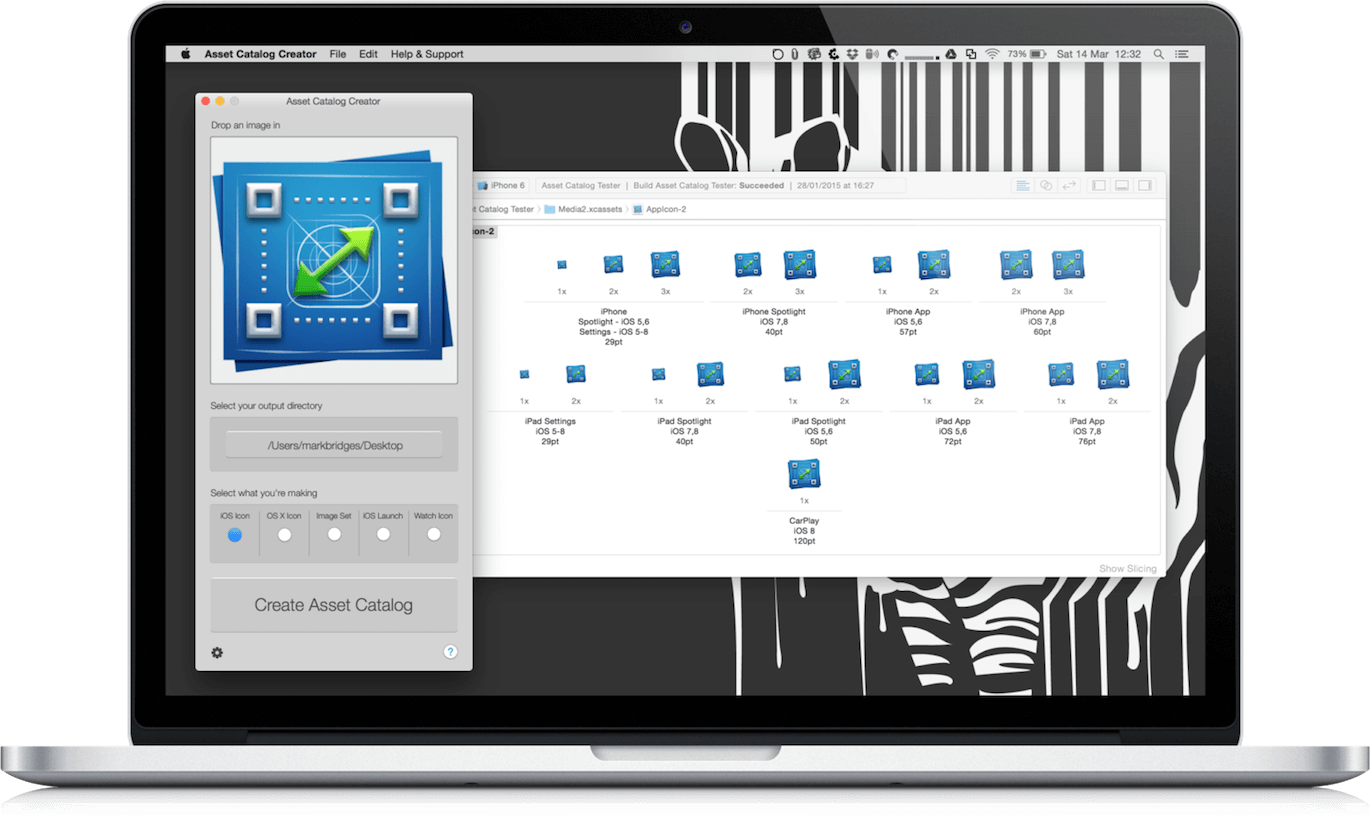 Asset Catalog Creator macOS app running on an Apple MacBook Pro with Xcode open behind