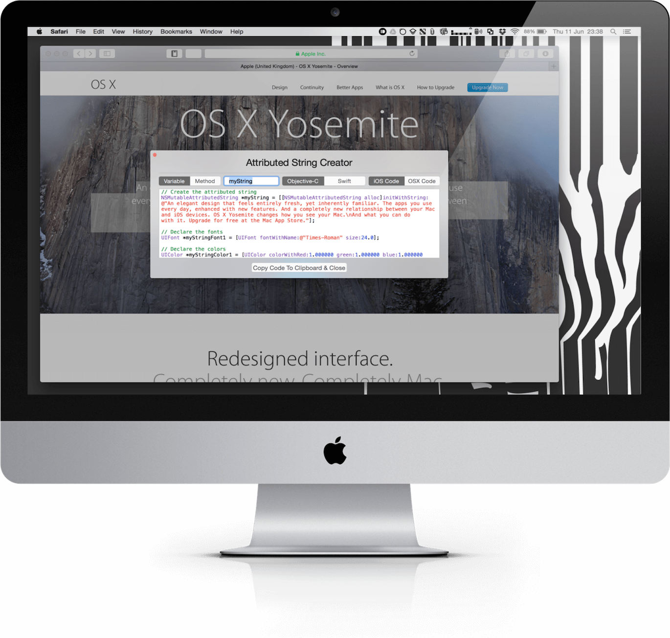 Attributed String Creator macOS app extension running on an iMac, converting text from the Safari browser