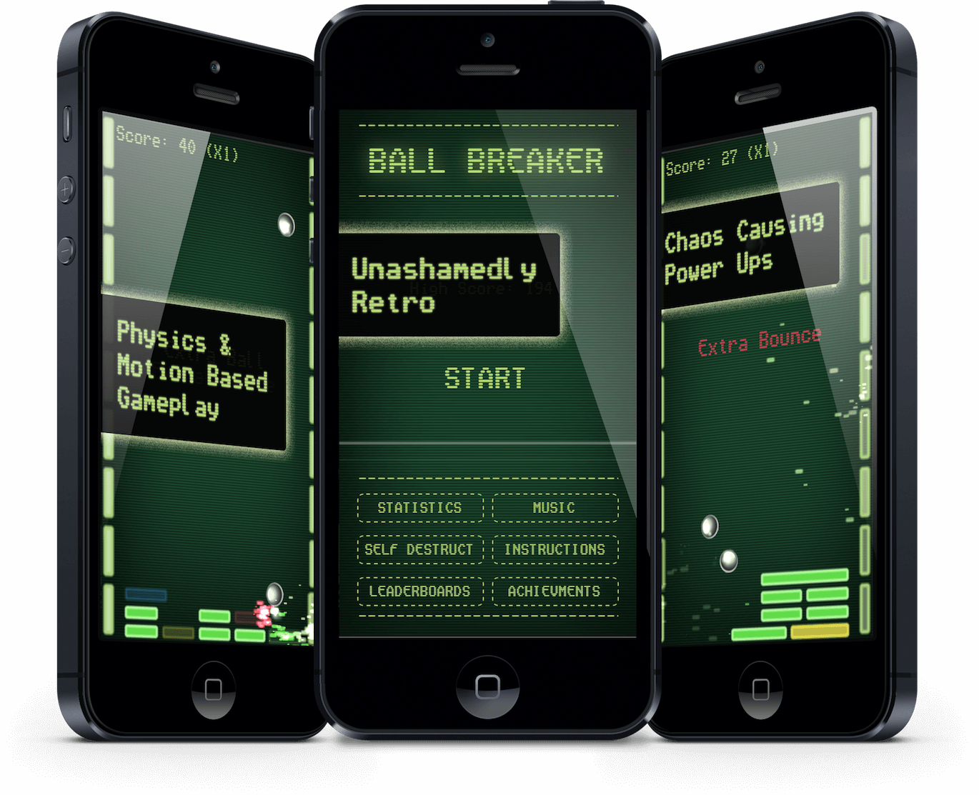 Ball Breaker iOS app running on 3 iPhone 5 devices, side by side on various screens
