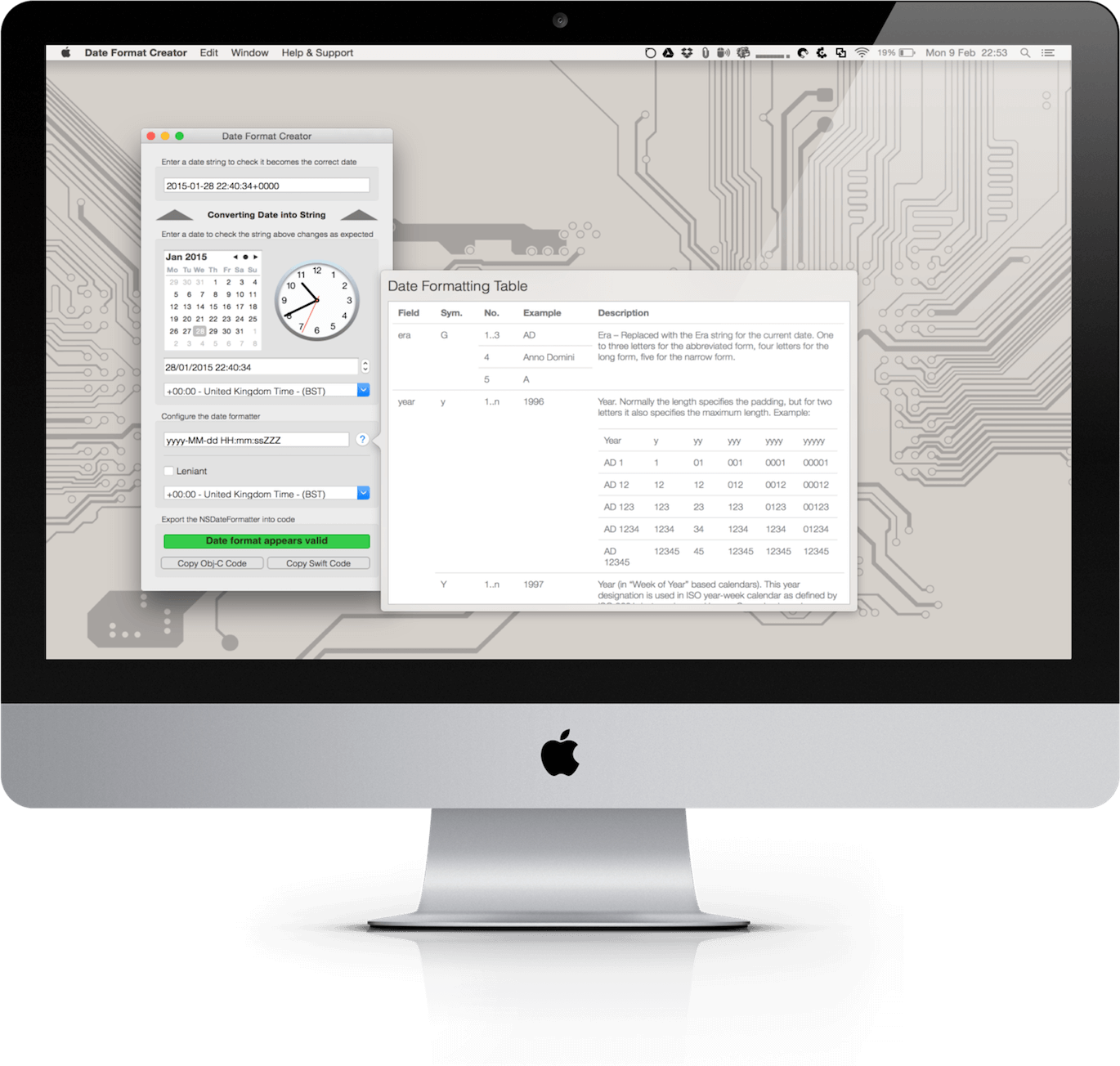 Date Format macOS app running on an Apple iMac displaying the various date format symbols chart