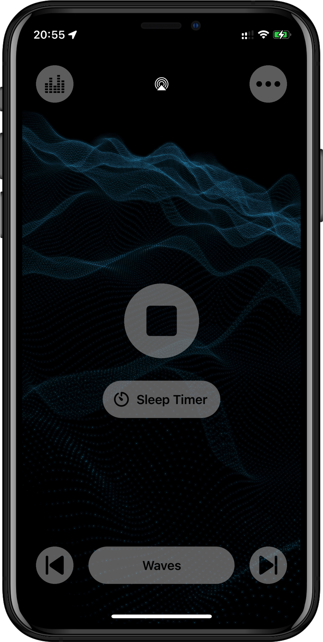 White Noise, running on iPhone X, displaying the play controls.