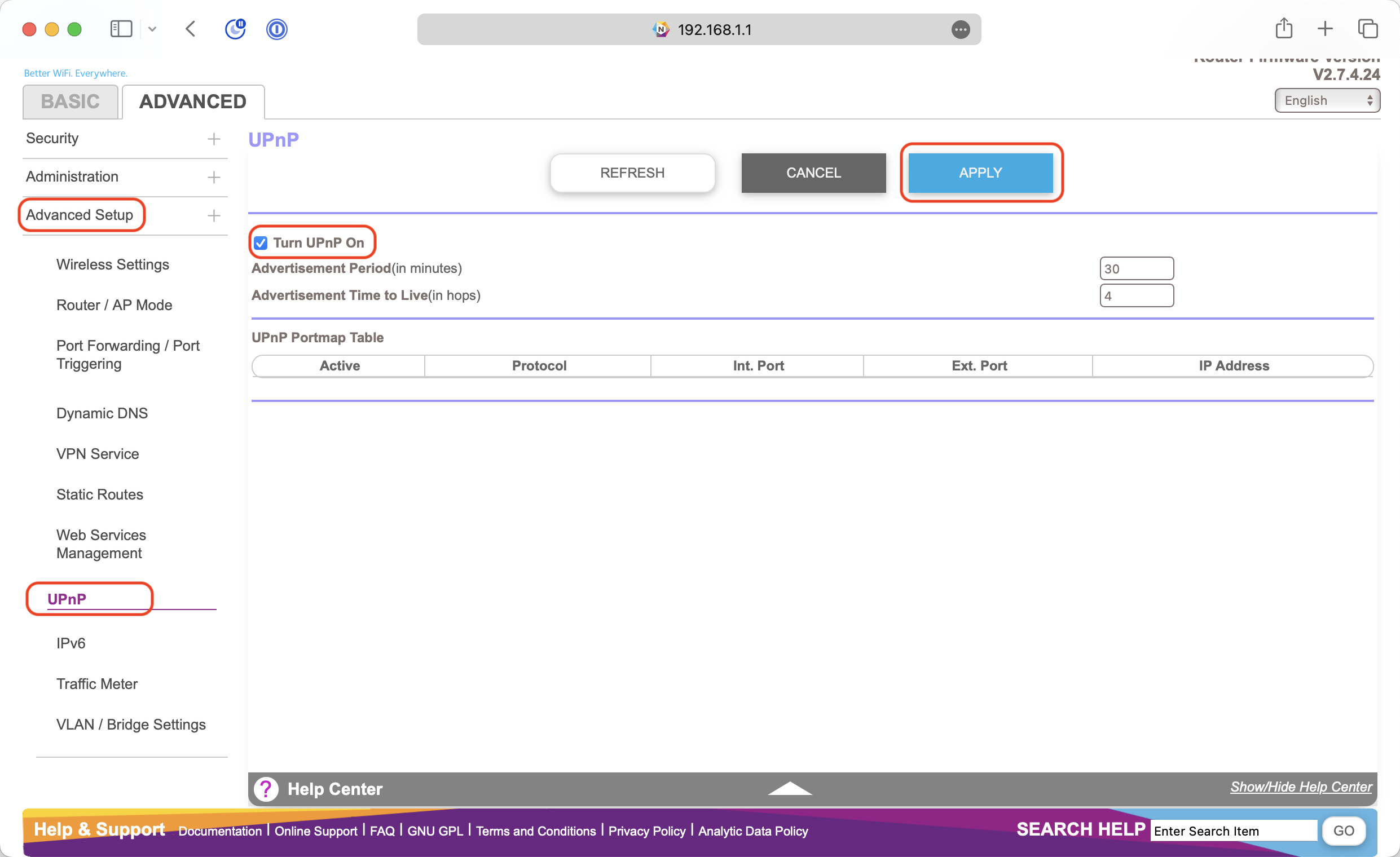 Router admin panel UPnP