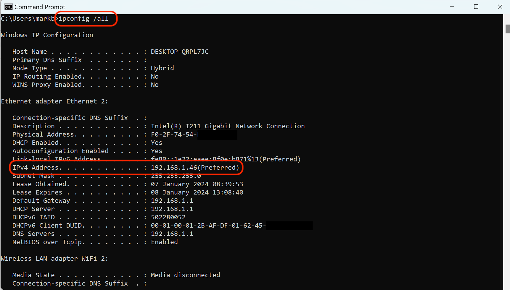 Command Prompt ipconfig /all output