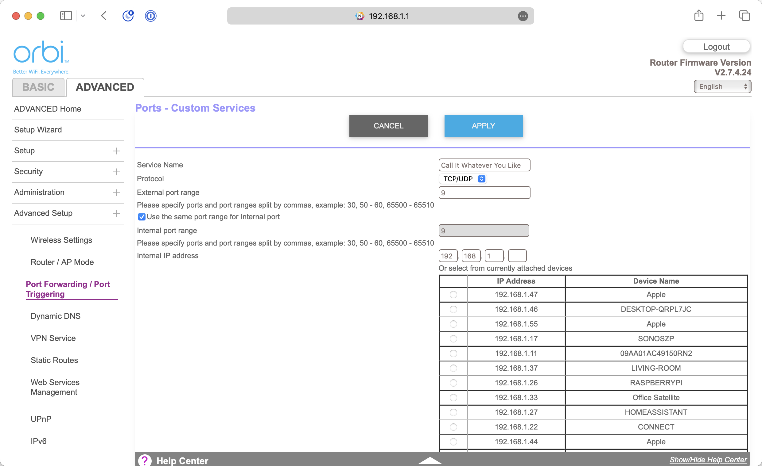 Router Admin panel port forwarding