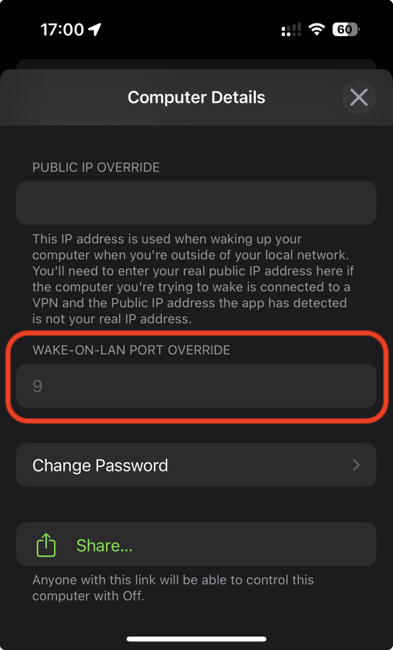 Off App. Computer Details Screen. Wake-on-LAN Port Override