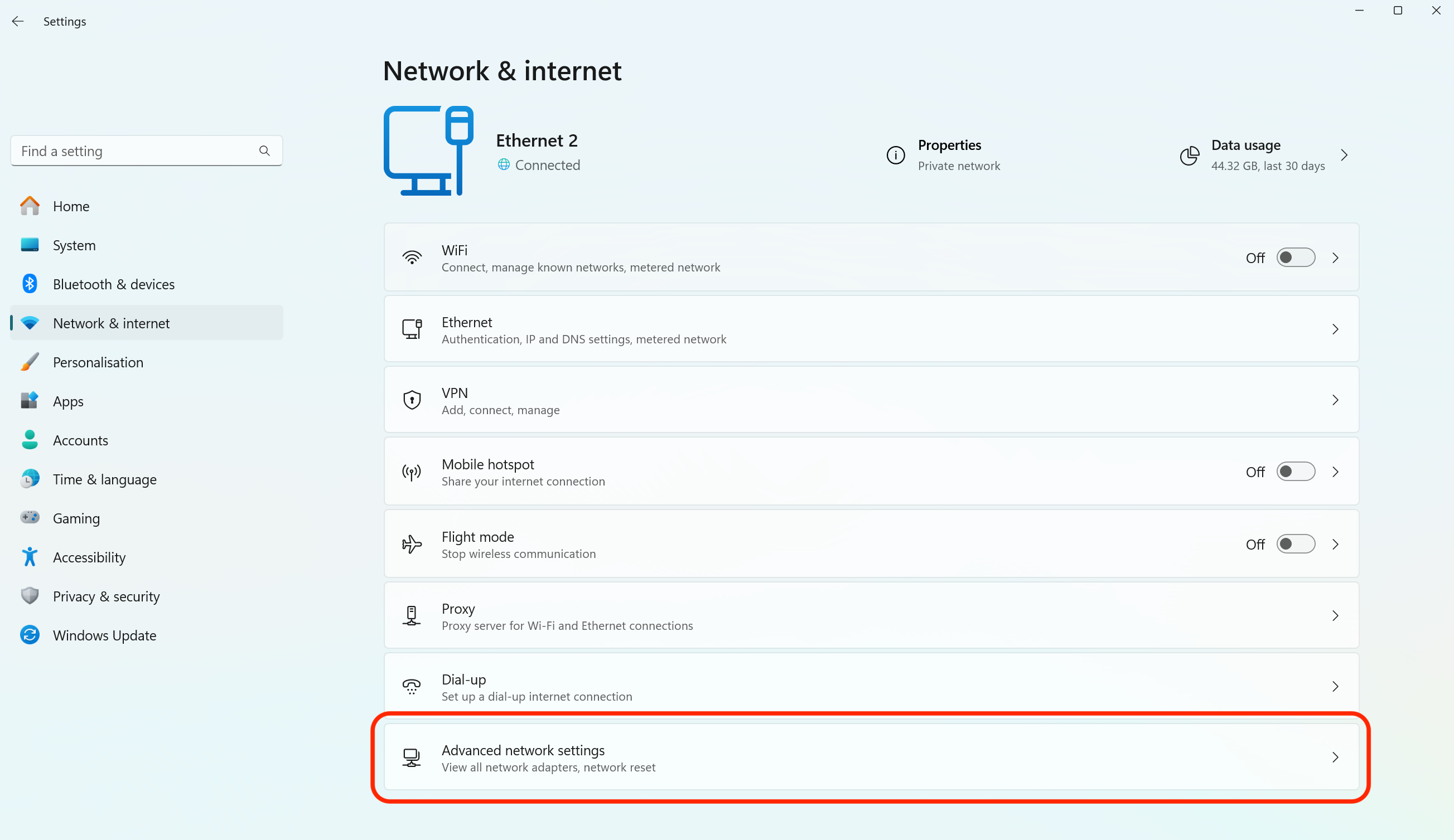 Navigating to Advanced Network Settings