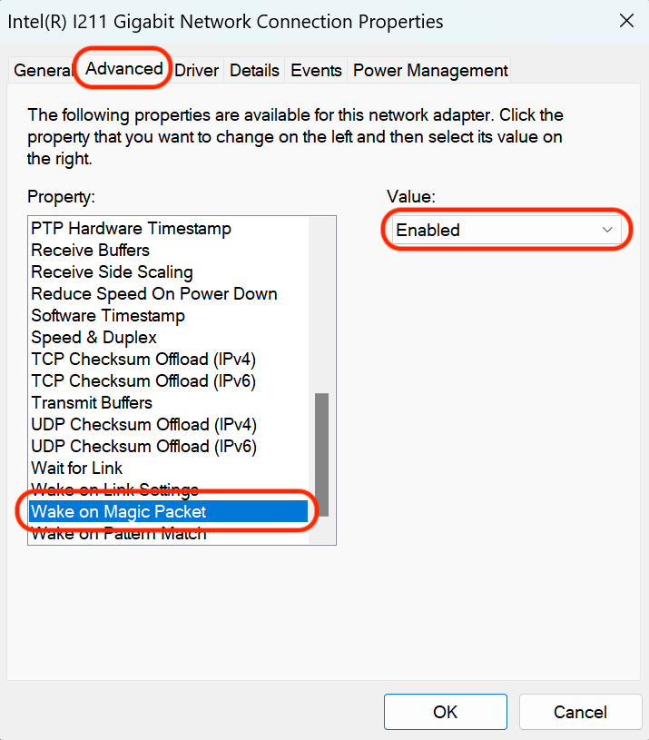 Enabling Wake On Magic Packet in Advanced Settings