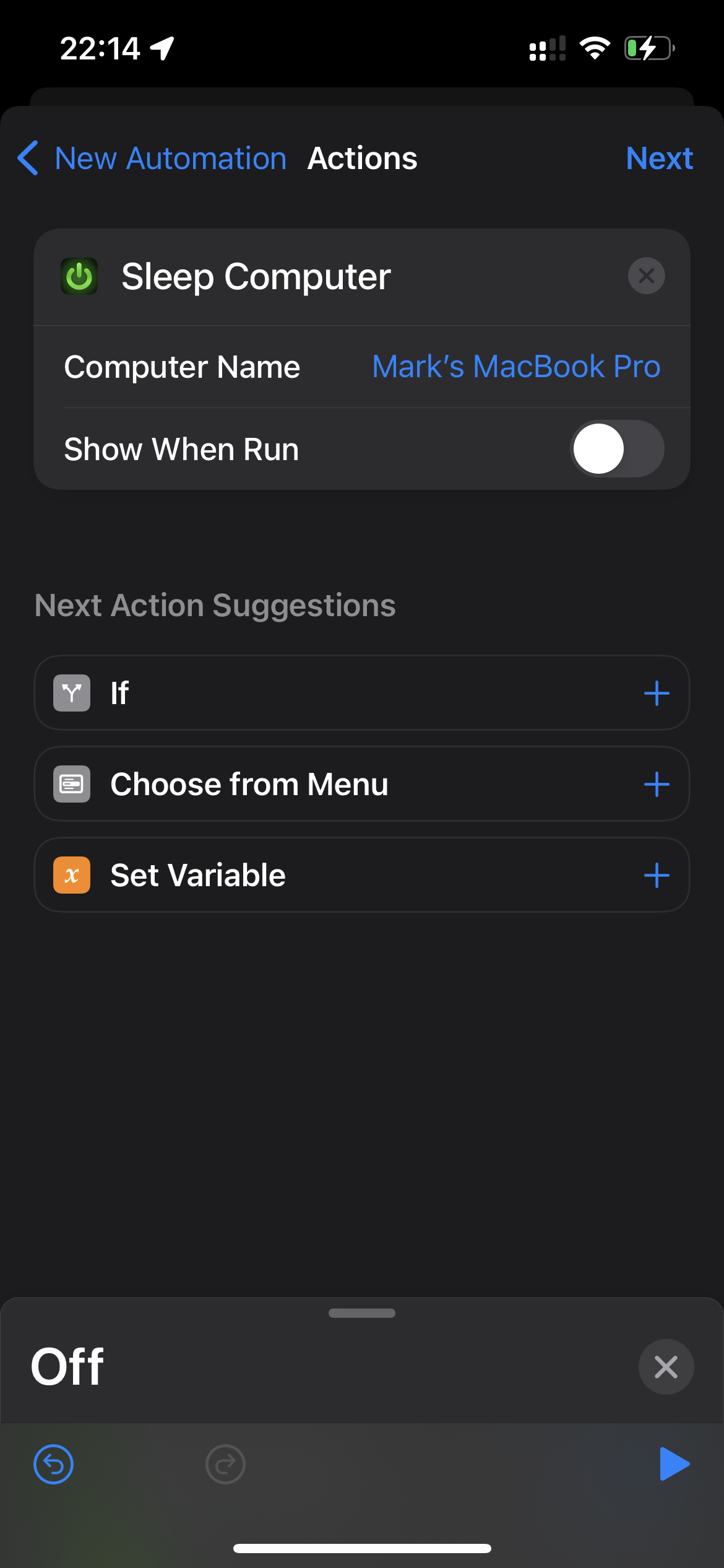 Configuring an Off shortcut, step 10